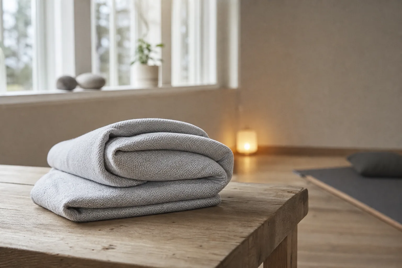 Hopvikt yogafilt bredvid en matta för användning som prop