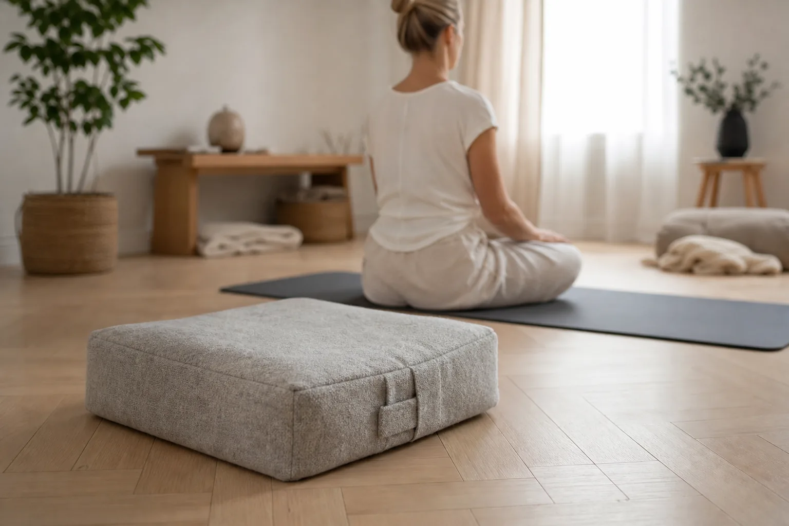 Yogakudde som stöd under knäna i en liggande position