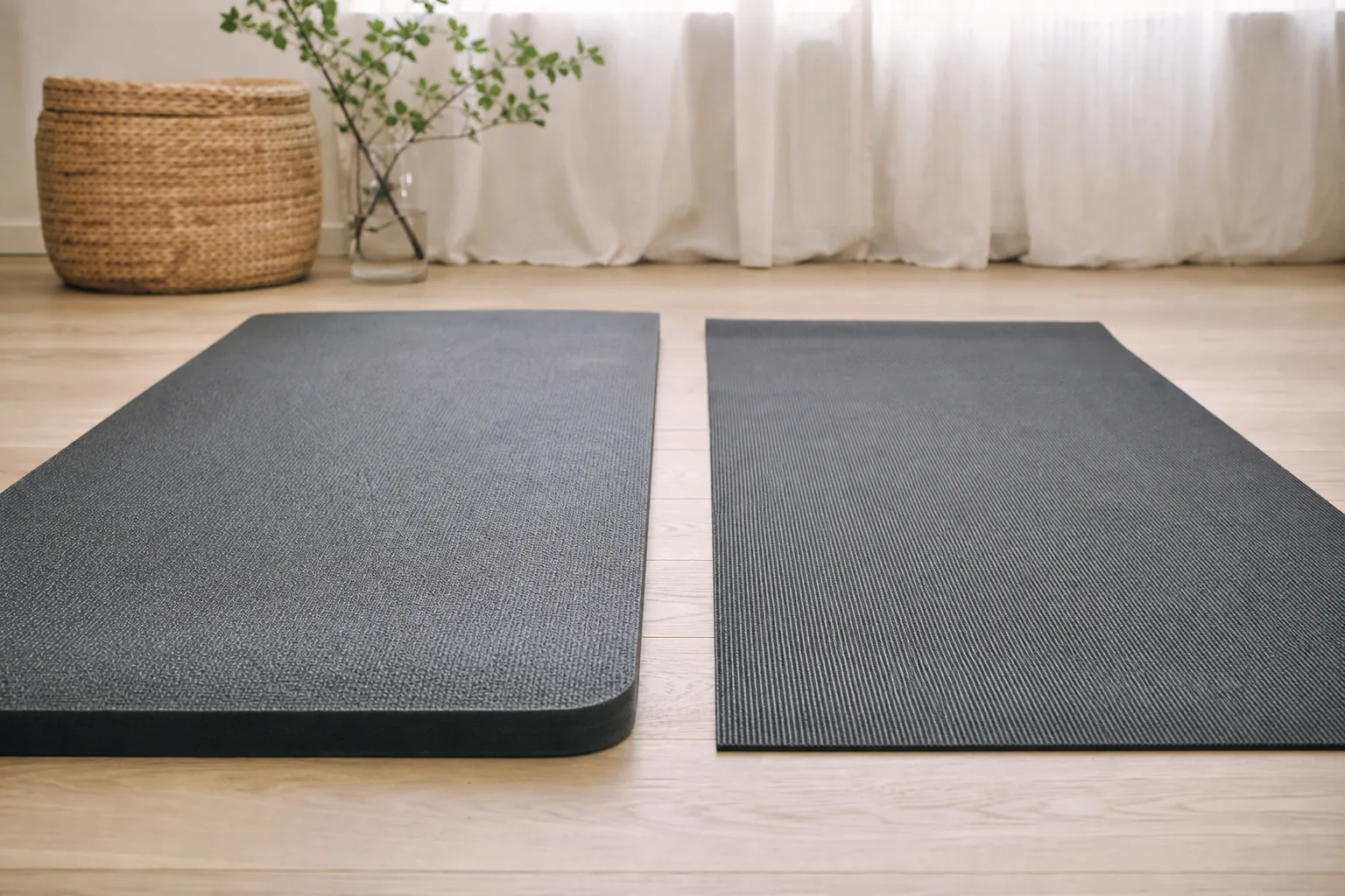 Två olika mattor, en tunnare yogamatta och en tjockare träningsmatta, utrullade sida vid sida