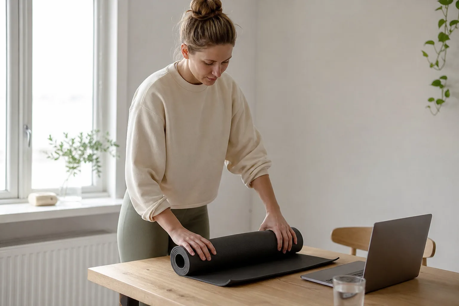 Person rullar ut en yogamatta på golvet inför köpbeslut