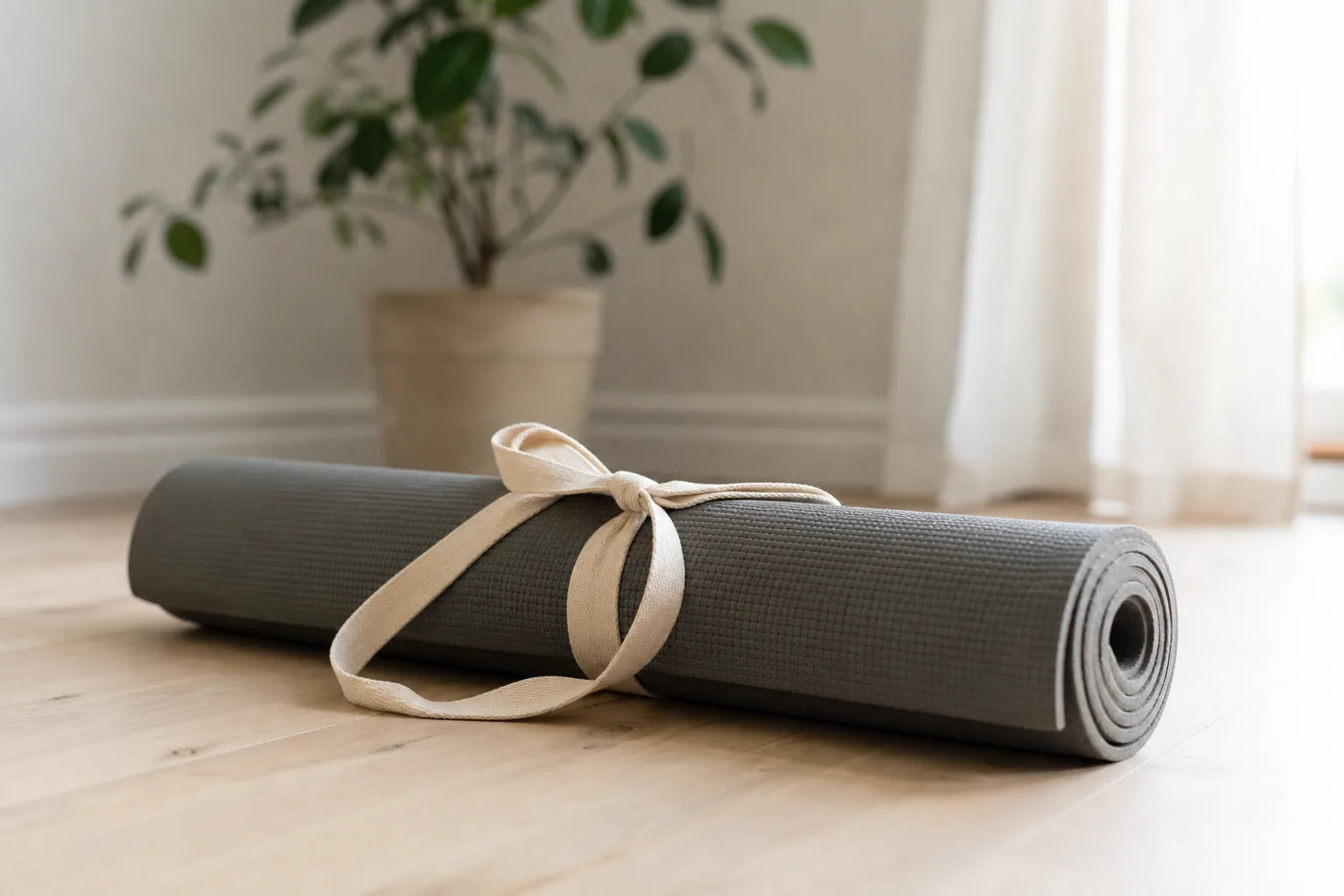 Hoprullad yogamatta med bärrem över axeln