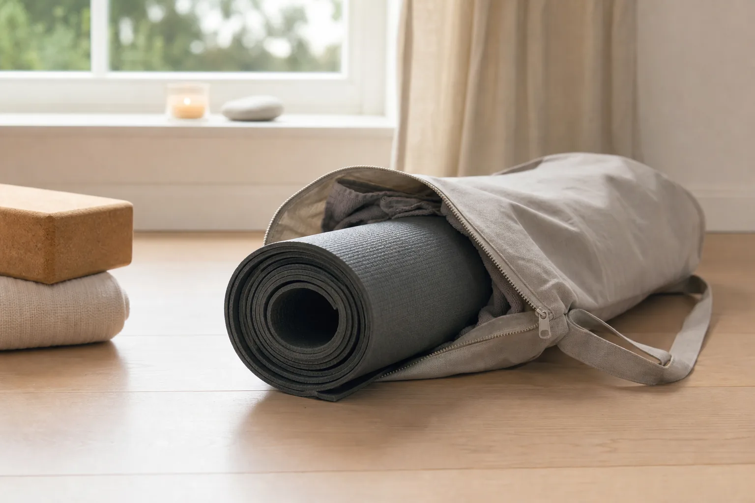 Yogamattaväska med matta instoppad, redo att bäras