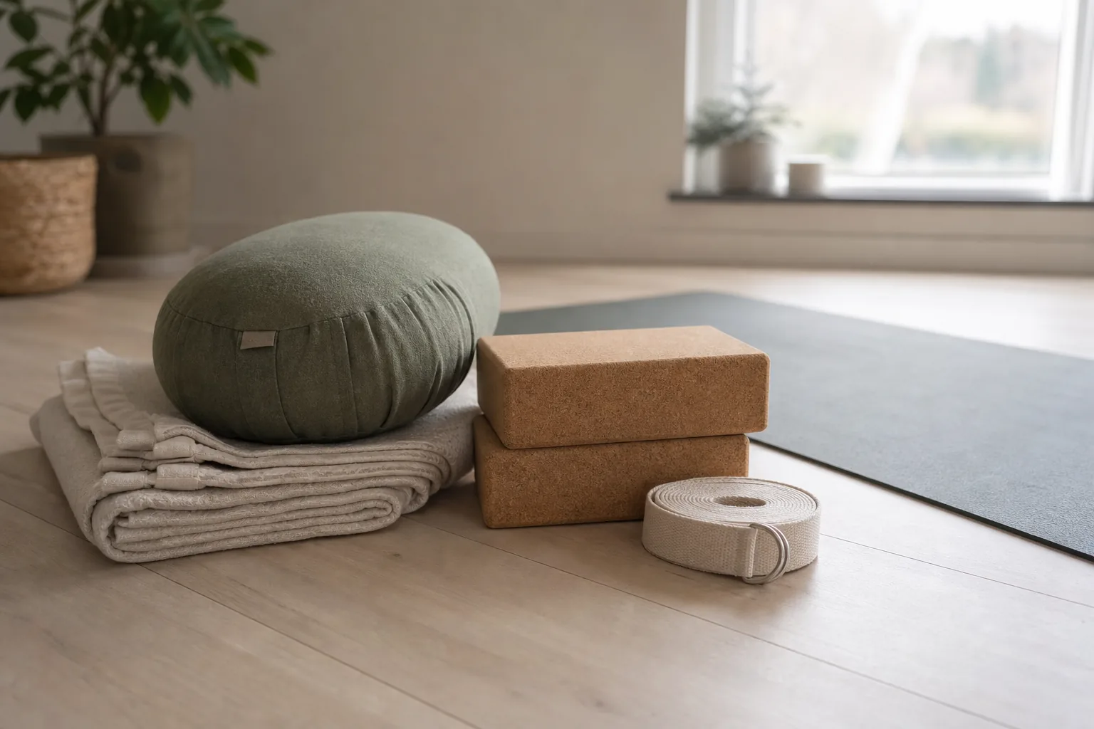 Ett litet startkit med yogablock och bälte på en matta