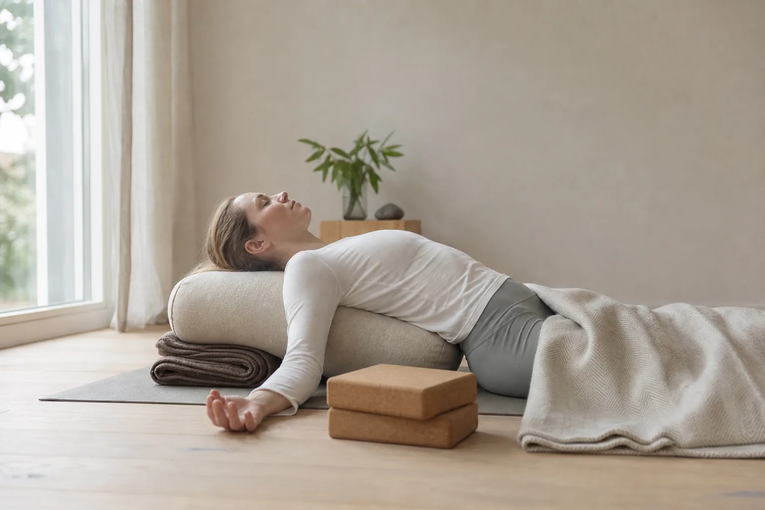 Bolster och filt placerade för en stödjande yin-position